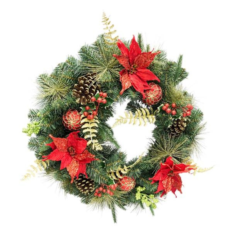 Glittered Poinsettia, Ornament & Pine Wreath, 24″