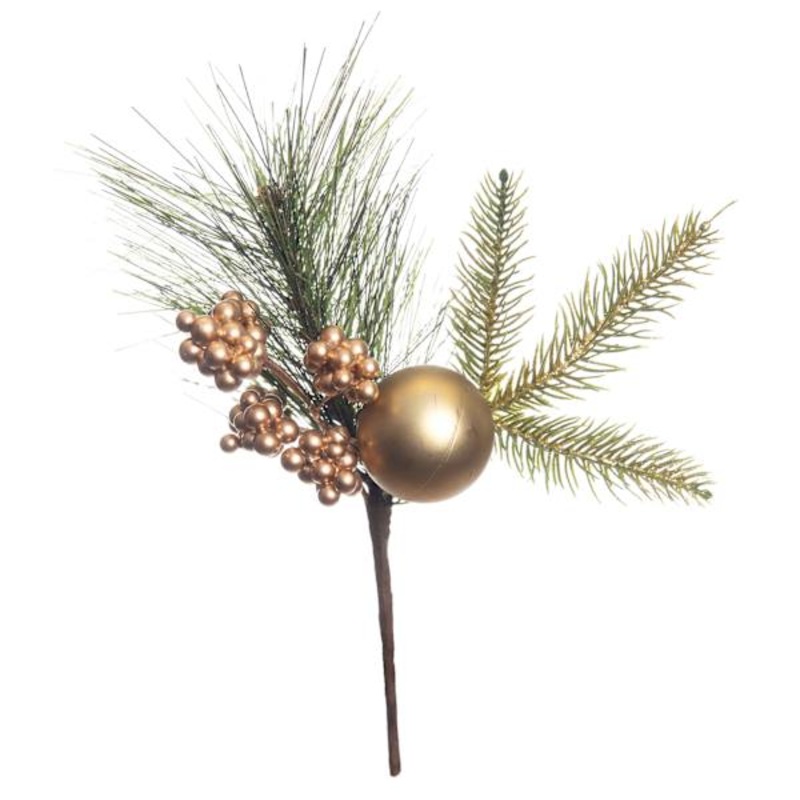 Gold Glittered Berry, Ball & Pine Pick, 12″