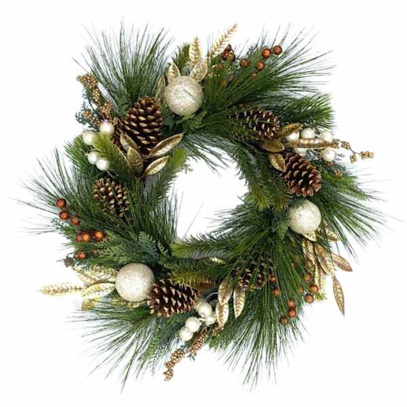 Gold Glittered Ornament, Pinecone & Pine Wreath, 24″