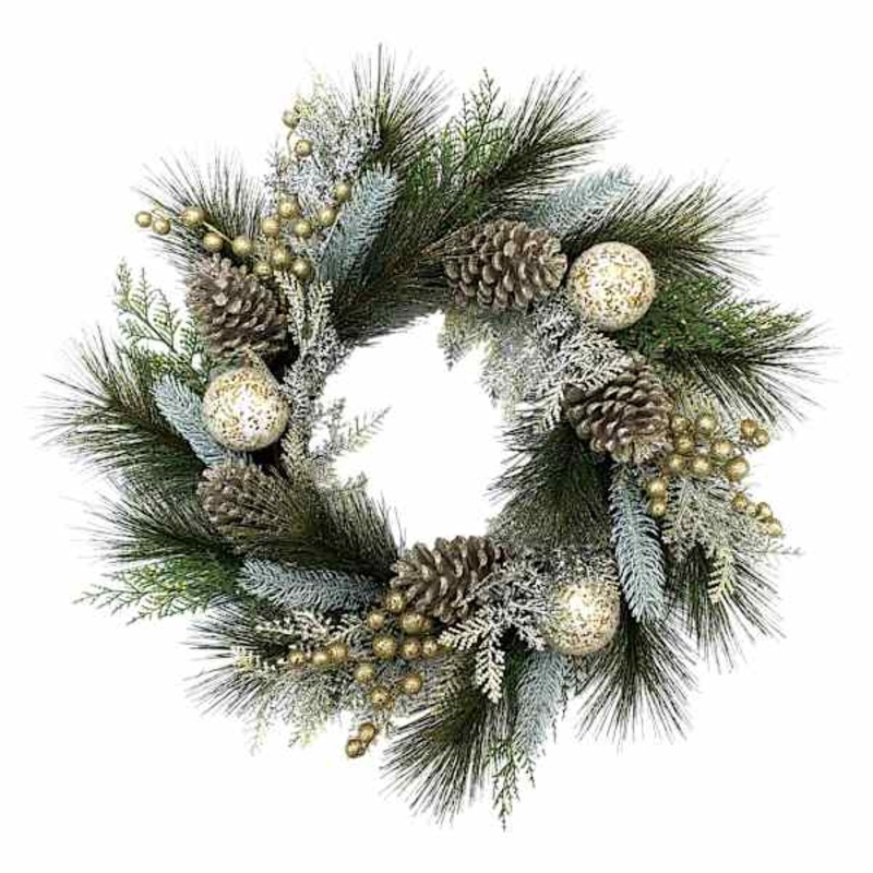 Gold Glittered Ornament & Pinecone Wreath, 24″
