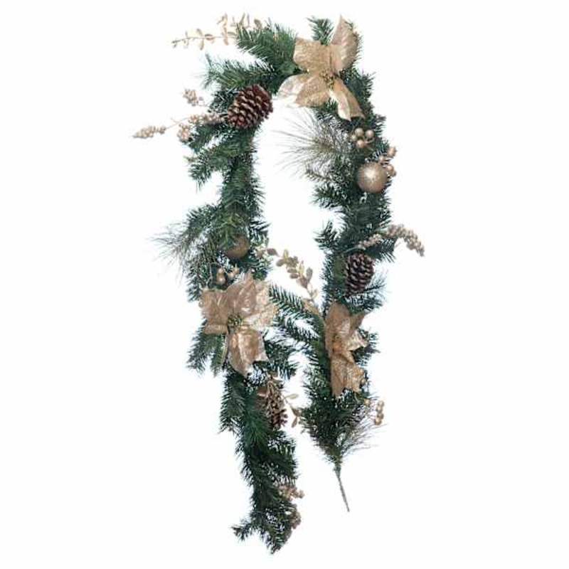 Gold Poinsettia & Cone Garland, 6′