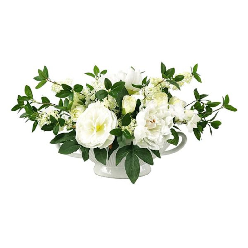 White Floral Arrangement in Ceramic Pot, 10″