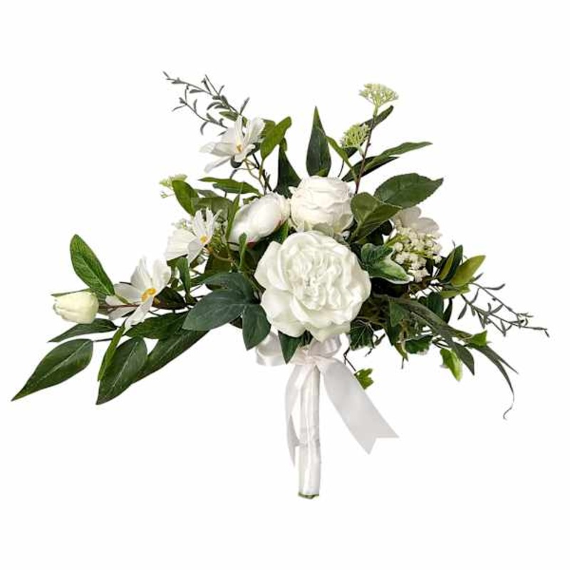 White Mixed Floral & Greenery Bouquet, 15″