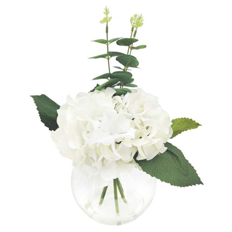 Real Feel Hydrangea Arrangement in Glass Pot, 14″