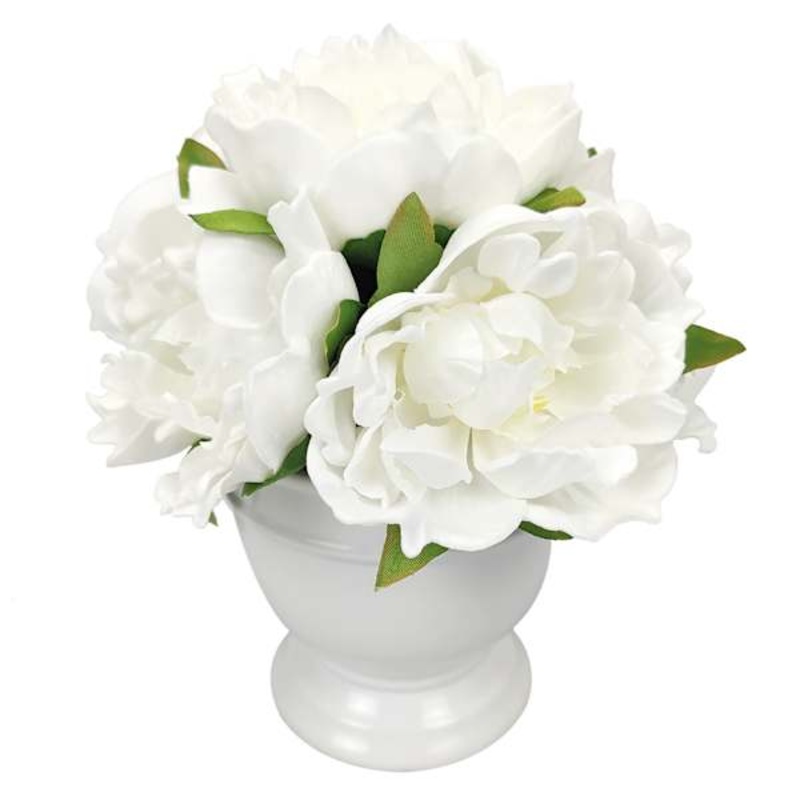 White Real Feel Peony Arrangement in Ceramic Pot, 9″